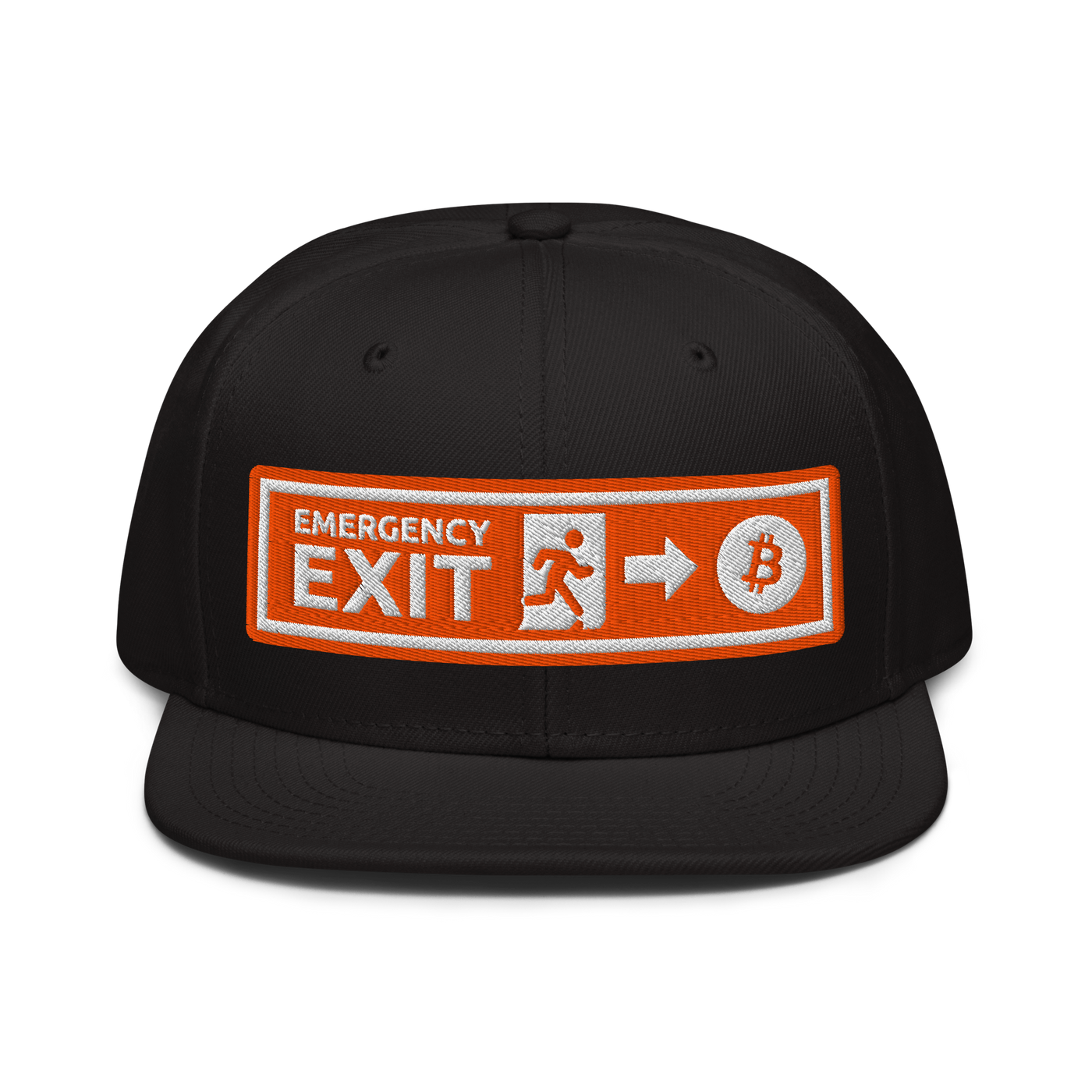 Emergency Exit bitcoin snapback hat, front view: an embroidered orange emergency-exit sign patch reading EMERGENCY EXIT with a running figure, an arrow and a bitcoin coin, on a snapback with a flat brim.
