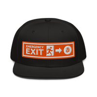 Emergency Exit bitcoin snapback hat, front view: an embroidered orange emergency-exit sign patch reading EMERGENCY EXIT with a running figure, an arrow and a bitcoin coin, on a snapback with a flat brim.