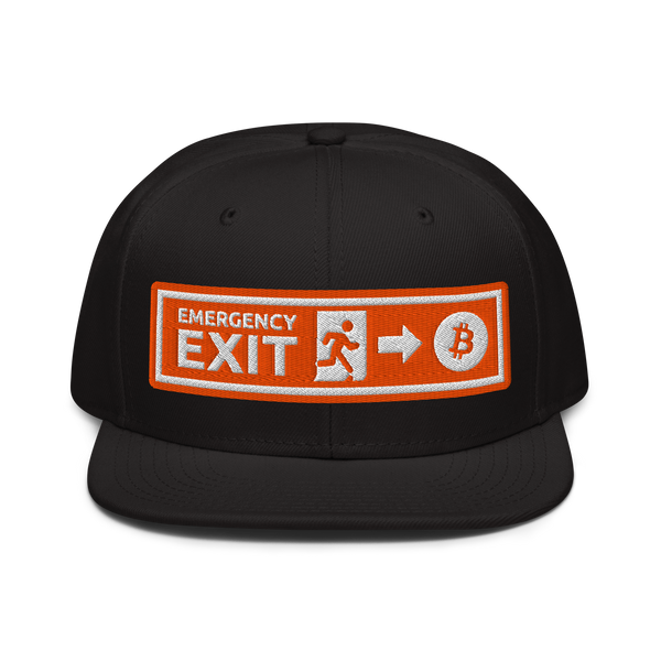 Emergency Exit bitcoin snapback hat, front view: an embroidered orange emergency-exit sign patch reading EMERGENCY EXIT with a running figure, an arrow and a bitcoin coin, on a snapback with a flat brim.