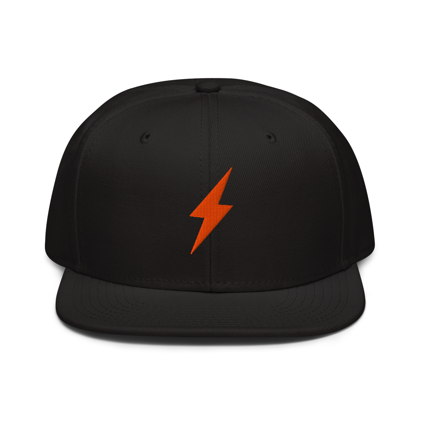 Lightning bitcoin snapback hat, front view: an orange lightning bolt embroidered on the front, on a snapback with a flat brim.