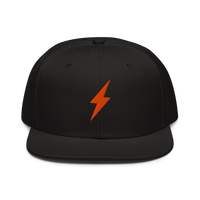 Lightning bitcoin snapback hat, front view: an orange lightning bolt embroidered on the front, on a snapback with a flat brim.