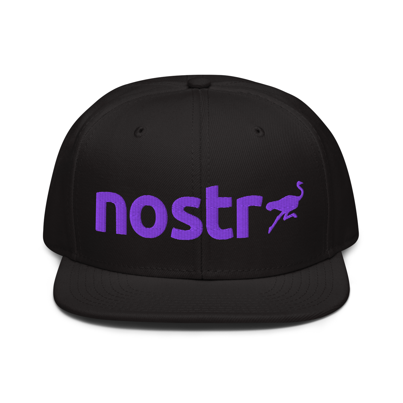 Nostr snapback hat, front view: the lowercase nostr wordmark embroidered in purple with a small running ostrich, on a snapback with a flat brim.