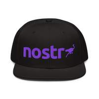 Nostr snapback hat, front view: the lowercase nostr wordmark embroidered in purple with a small running ostrich, on a snapback with a flat brim.