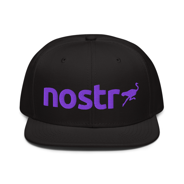 Nostr snapback hat, front view: the lowercase nostr wordmark embroidered in purple with a small running ostrich, on a snapback with a flat brim.