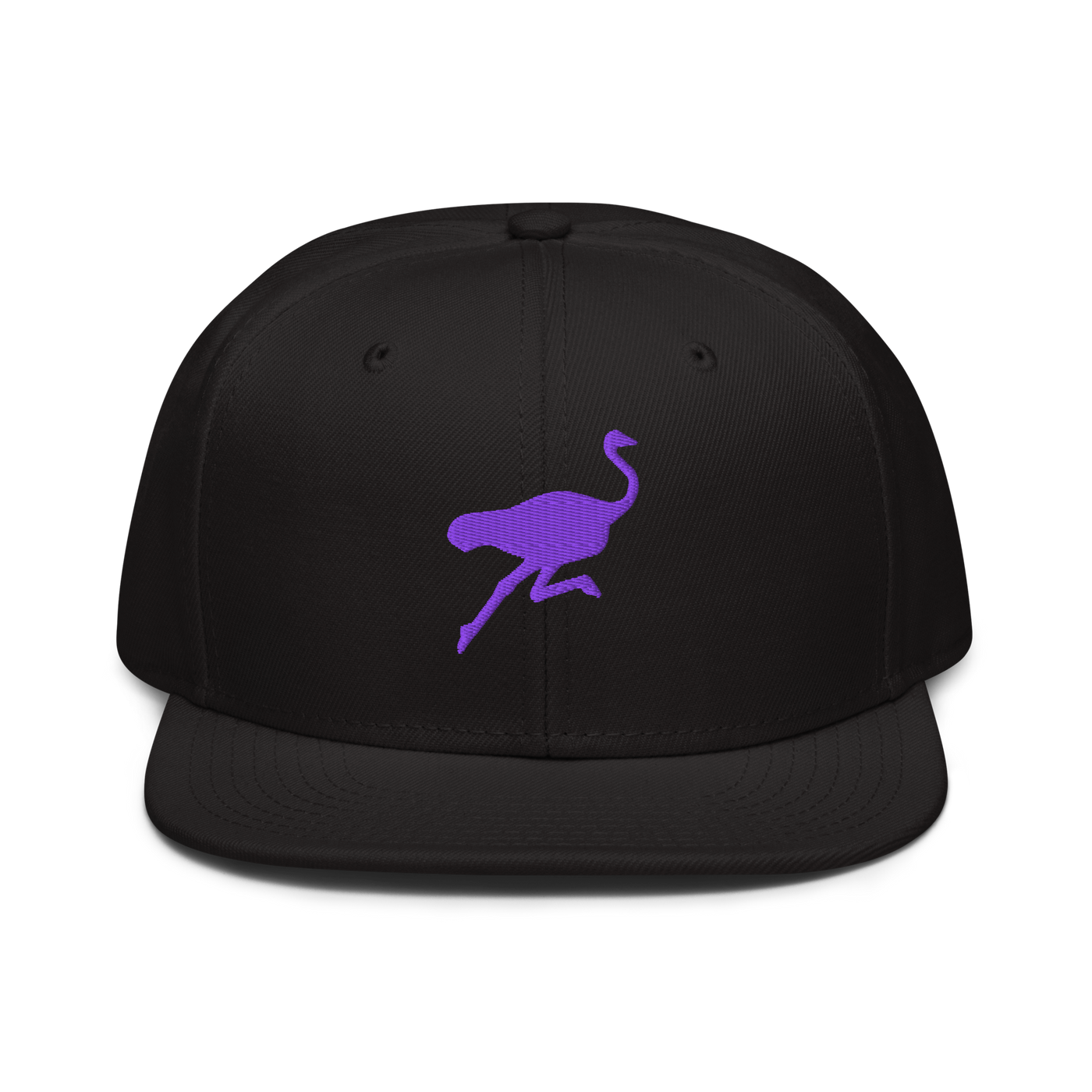 Nostrich nostr snapback hat, front view: a purple running ostrich silhouette embroidered on the front, on a snapback with a flat brim.