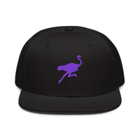 Nostrich nostr snapback hat, front view: a purple running ostrich silhouette embroidered on the front, on a snapback with a flat brim.