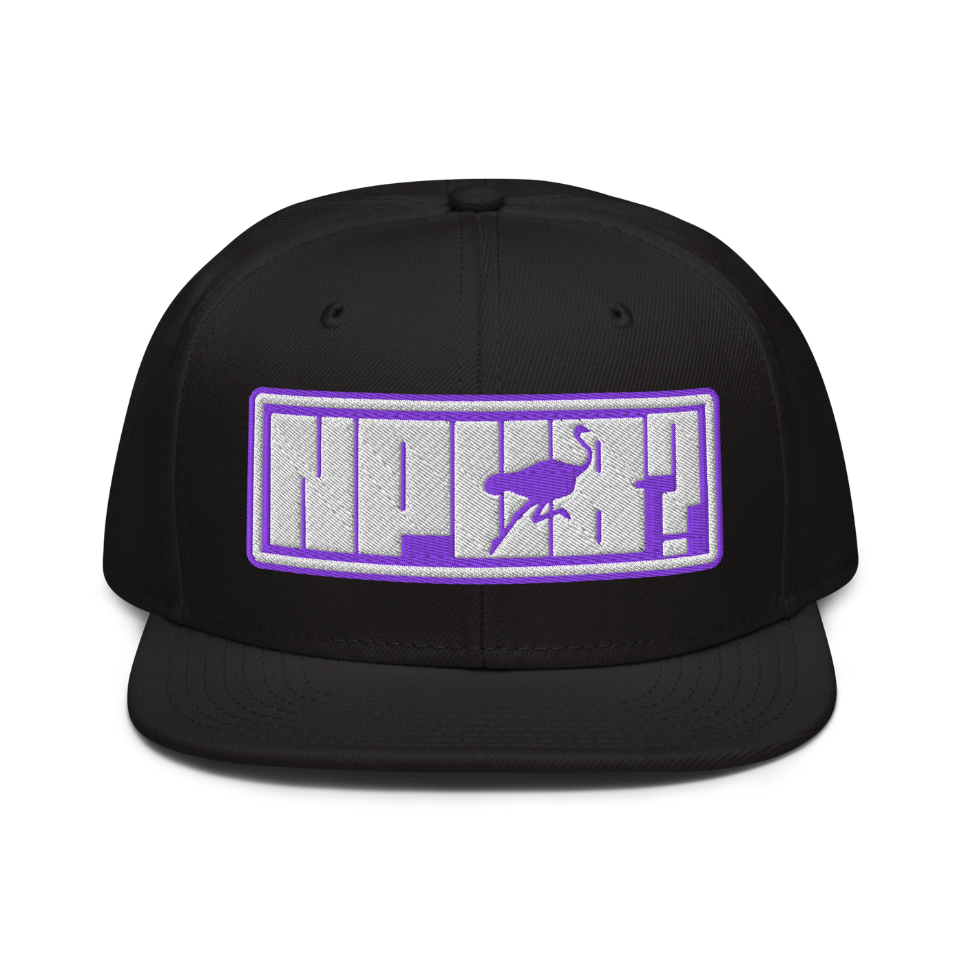 nPub? nostr snapback hat, front view: an embroidered patch with a purple border reading nPub?, the letter u formed by an ostrich, on a snapback with a flat brim.