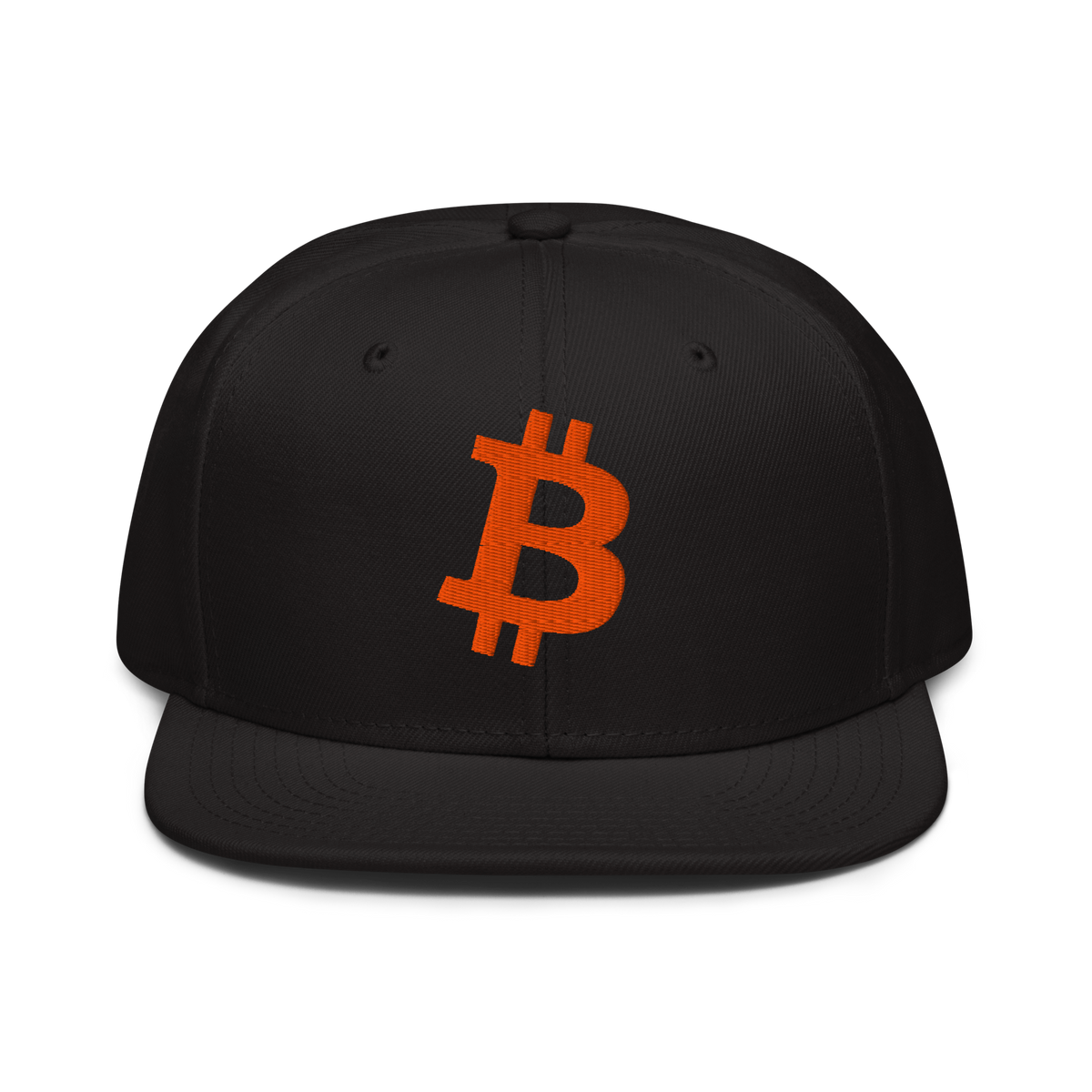 Bitcoin B bitcoin snapback hat, front view: a black snapback with a flat brim and a large orange bitcoin B embroidered on the front panel.