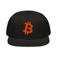 Bitcoin B bitcoin snapback hat, front view: a black snapback with a flat brim and a large orange bitcoin B embroidered on the front panel.
