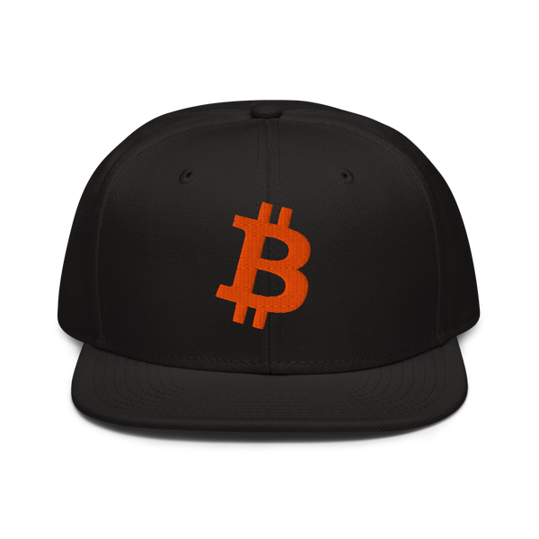 Bitcoin B bitcoin snapback hat, front view: a black snapback with a flat brim and a large orange bitcoin B embroidered on the front panel.