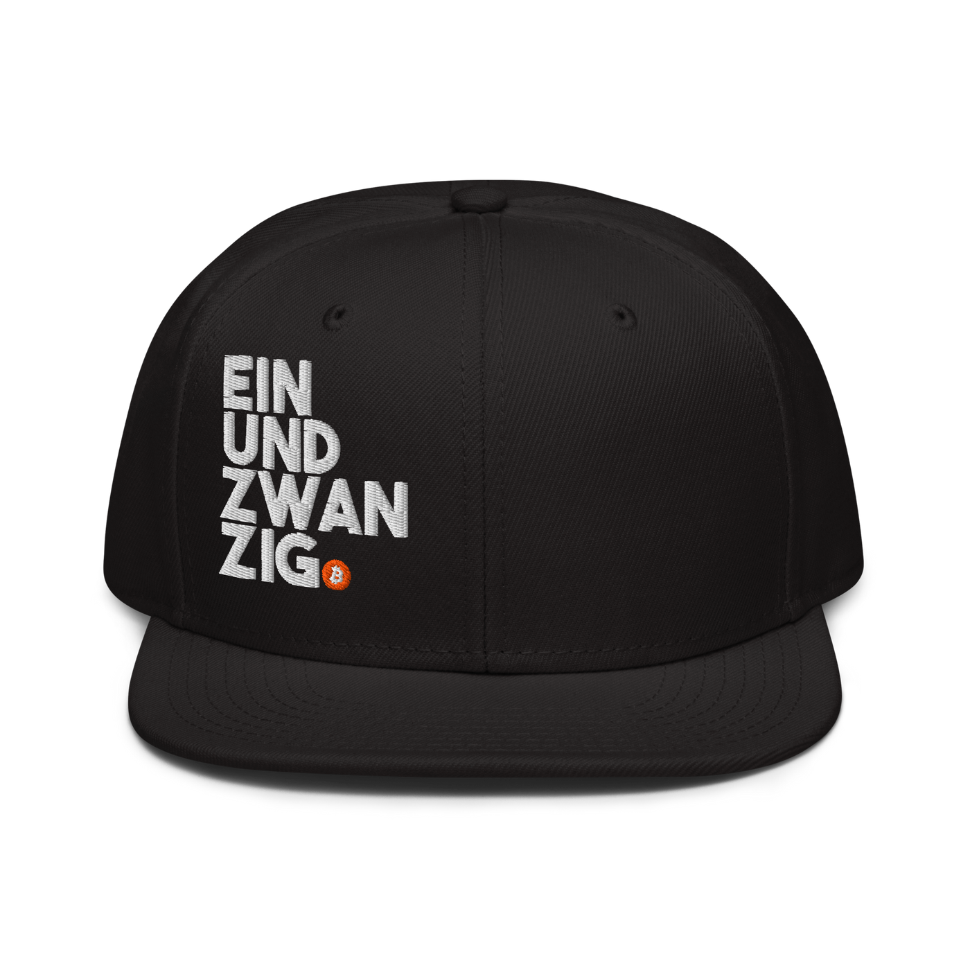 Einundzwanzig bitcoin snapback hat, front view: a black snapback with a flat brim, EIN UND ZWAN ZIG embroidered in white block letters across four lines with a small orange bitcoin coin.