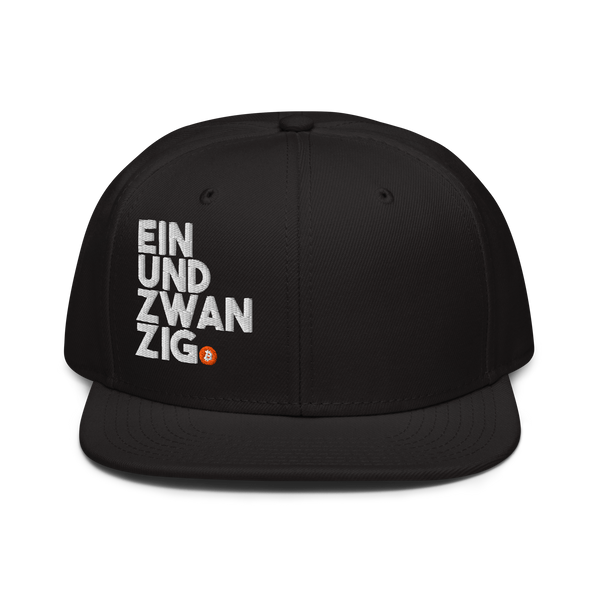 Einundzwanzig bitcoin snapback hat, front view: a black snapback with a flat brim, EIN UND ZWAN ZIG embroidered in white block letters across four lines with a small orange bitcoin coin.