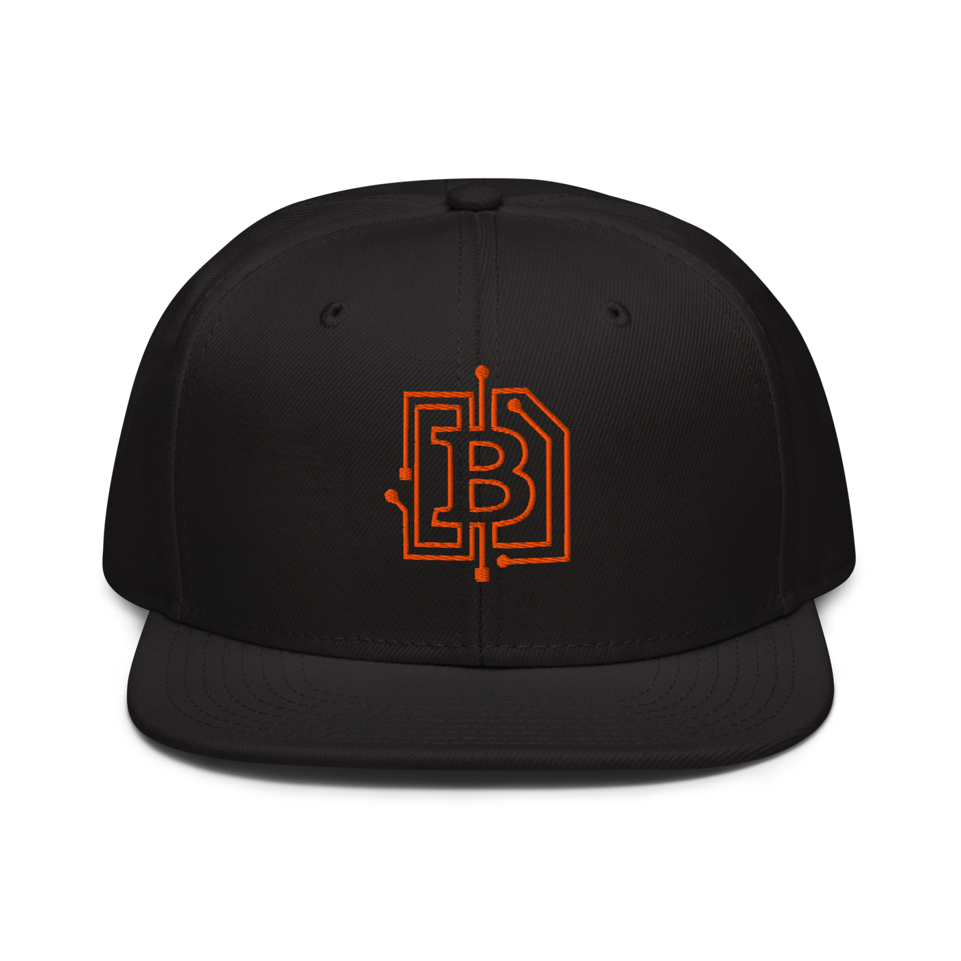 Circuit Board bitcoin snapback hat, front view: a black snapback with a flat brim and an orange bitcoin B embroidered as a circuit-board trace with connector dots.