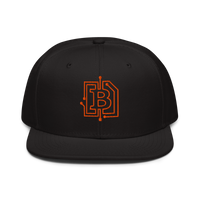 Circuit Board bitcoin snapback hat, front view: a black snapback with a flat brim and an orange bitcoin B embroidered as a circuit-board trace with connector dots.