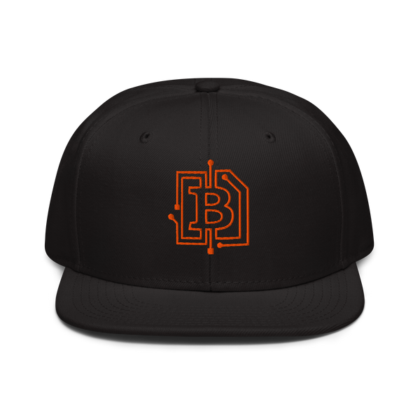 Circuit Board bitcoin snapback hat, front view: a black snapback with a flat brim and an orange bitcoin B embroidered as a circuit-board trace with connector dots.