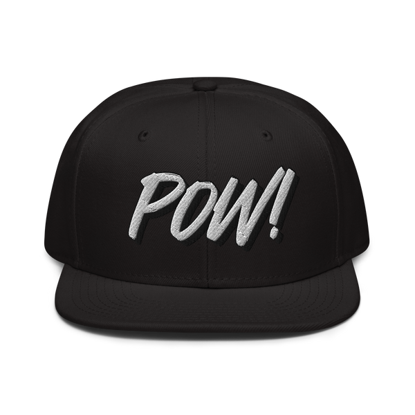POW! bitcoin snapback hat, front view: POW! embroidered in white brush lettering with a raised shadow, on a snapback with a flat brim.