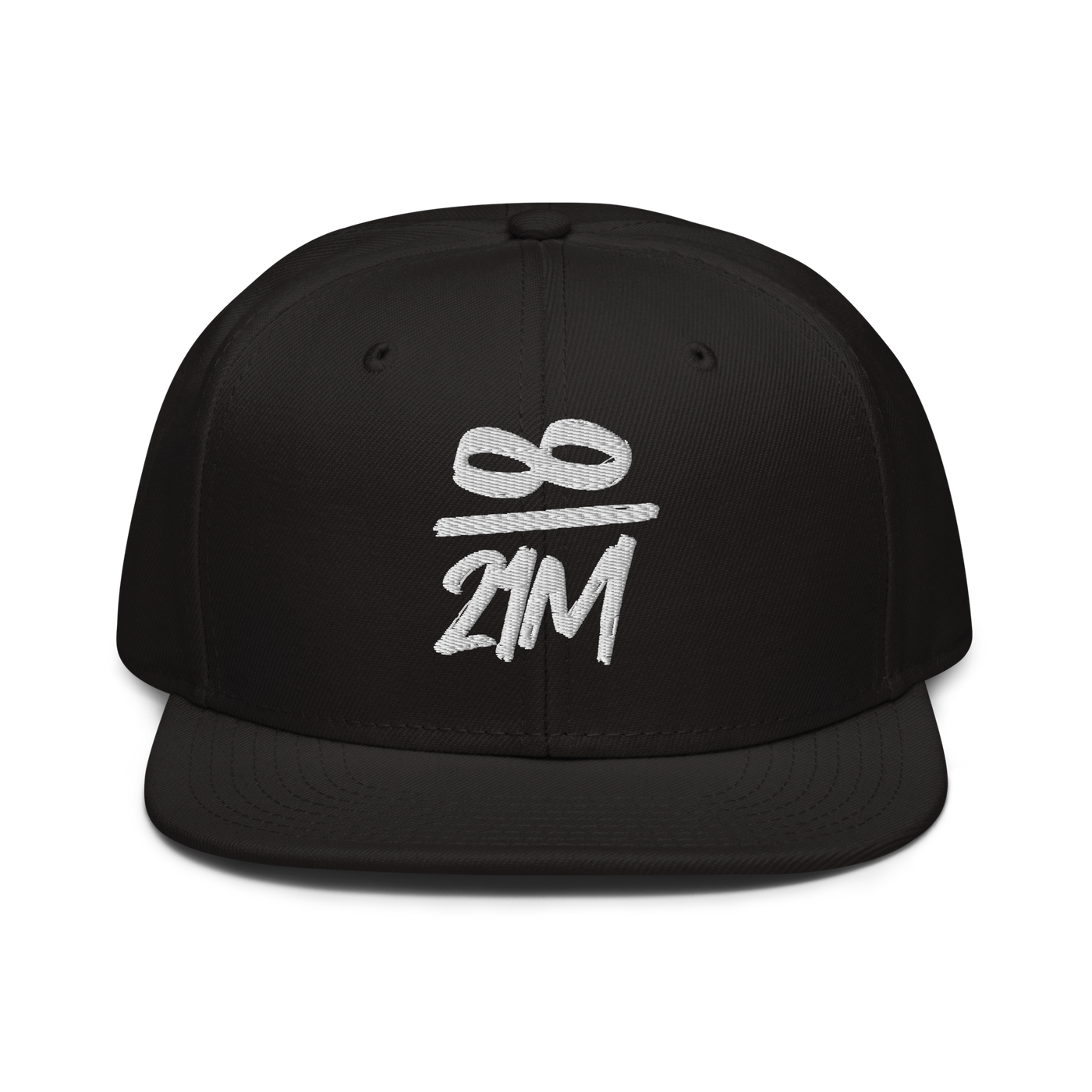 Infinity / 21M bitcoin snapback hat, front view: an infinity sign over 21M embroidered in white as a fraction, on a snapback with a flat brim.