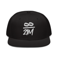 Infinity / 21M bitcoin snapback hat, front view: an infinity sign over 21M embroidered in white as a fraction, on a snapback with a flat brim.