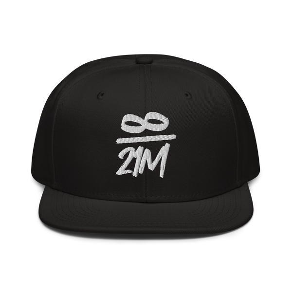 Infinity / 21M bitcoin snapback hat, front view: an infinity sign over 21M embroidered in white as a fraction, on a snapback with a flat brim.