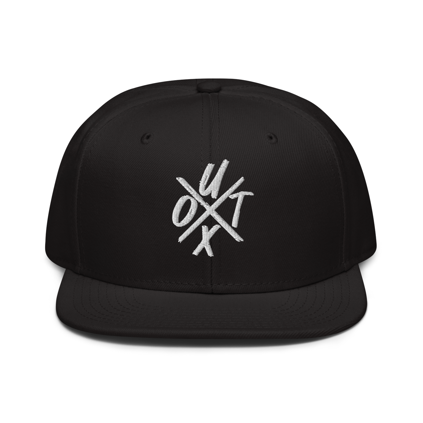 UTXO bitcoin snapback hat, front view: UTXO embroidered in white, the letters set around a large X, on a snapback with a flat brim.