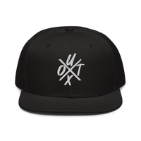 UTXO bitcoin snapback hat, front view: UTXO embroidered in white, the letters set around a large X, on a snapback with a flat brim.