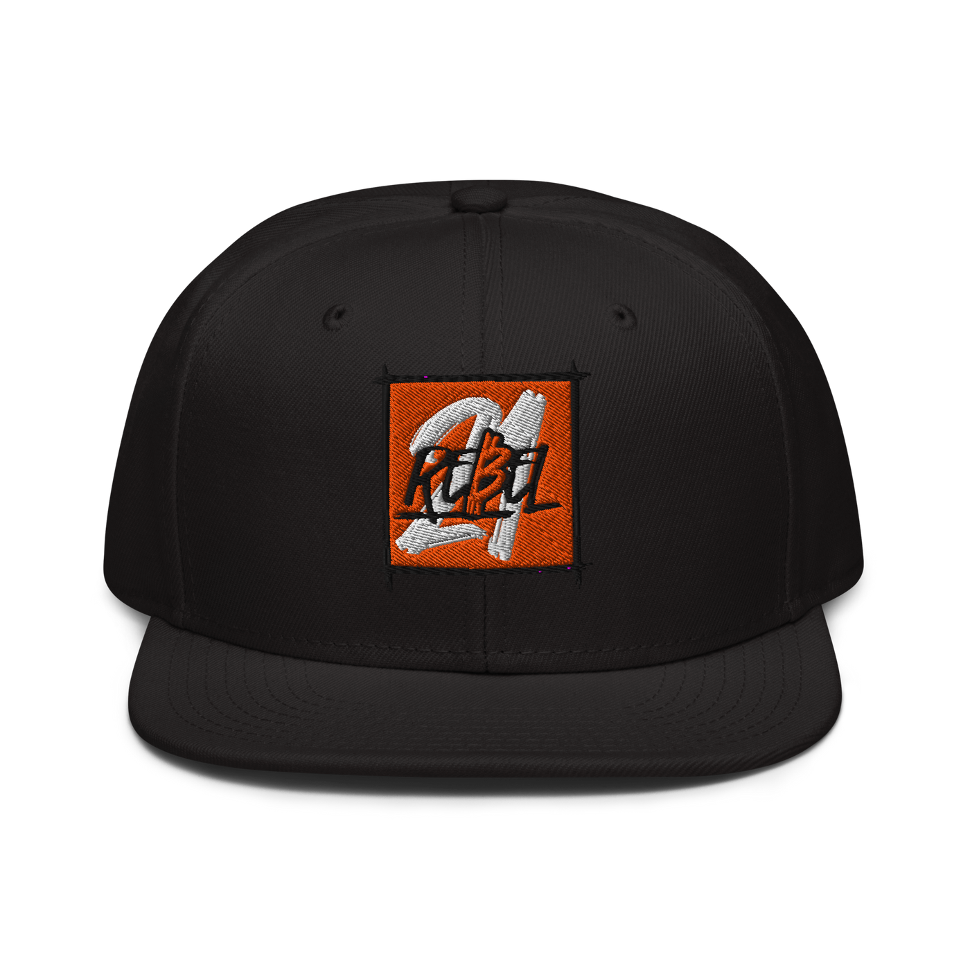 21 Rebel bitcoin snapback hat, front view: a black snapback with a flat brim and an embroidered orange square patch carrying the 21 Rebel graffiti mark in white and grey.