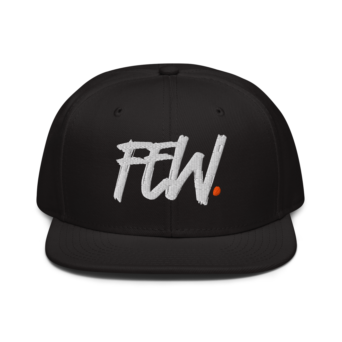 Few. bitcoin snapback hat, front view: FEW. embroidered in large white brush lettering with a small orange dot, on a snapback with a flat brim.