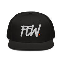 Few. bitcoin snapback hat, front view: FEW. embroidered in large white brush lettering with a small orange dot, on a snapback with a flat brim.
