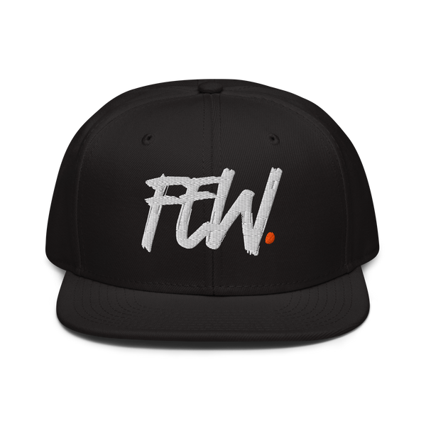 Few. bitcoin snapback hat, front view: FEW. embroidered in large white brush lettering with a small orange dot, on a snapback with a flat brim.