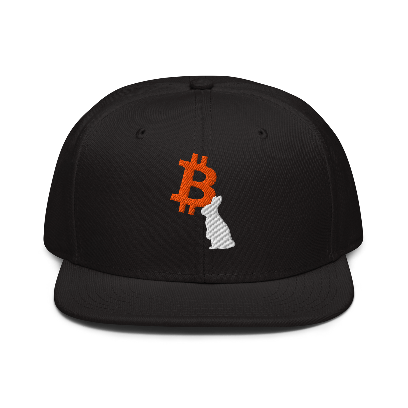 White Rabbit bitcoin snapback hat, front view: an orange bitcoin B embroidered on the front with a white rabbit sitting in front of it, on a snapback with a flat brim.