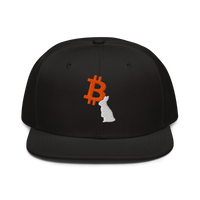 White Rabbit bitcoin snapback hat, front view: an orange bitcoin B embroidered on the front with a white rabbit sitting in front of it, on a snapback with a flat brim.