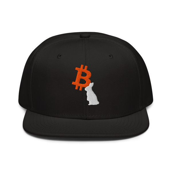 White Rabbit bitcoin snapback hat, front view: an orange bitcoin B embroidered on the front with a white rabbit sitting in front of it, on a snapback with a flat brim.