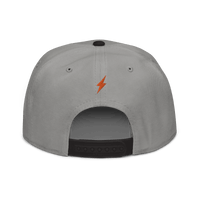Back view of a grey and black bitcoin snapback hat.