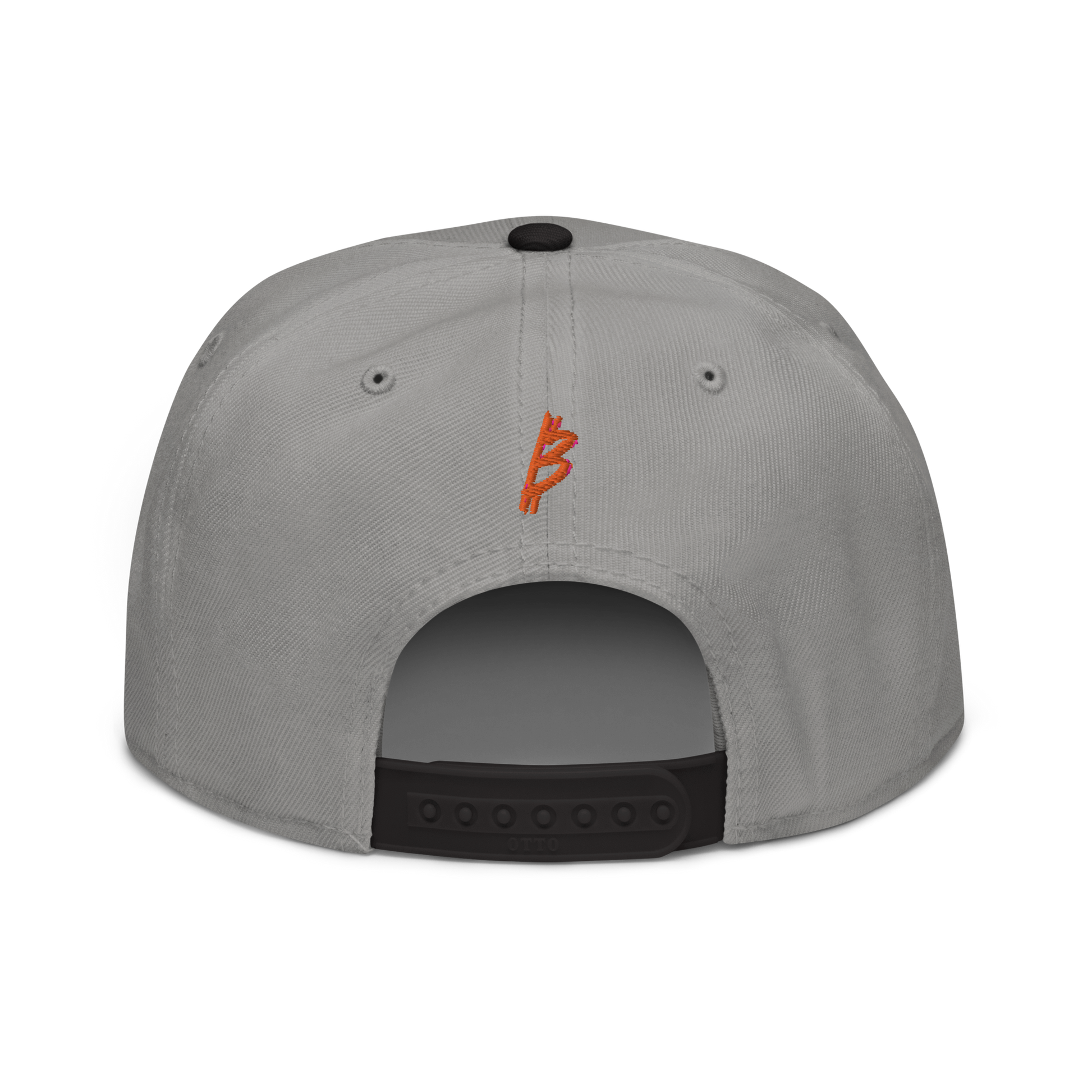 Back view of a grey and black bitcoin snapback hat.