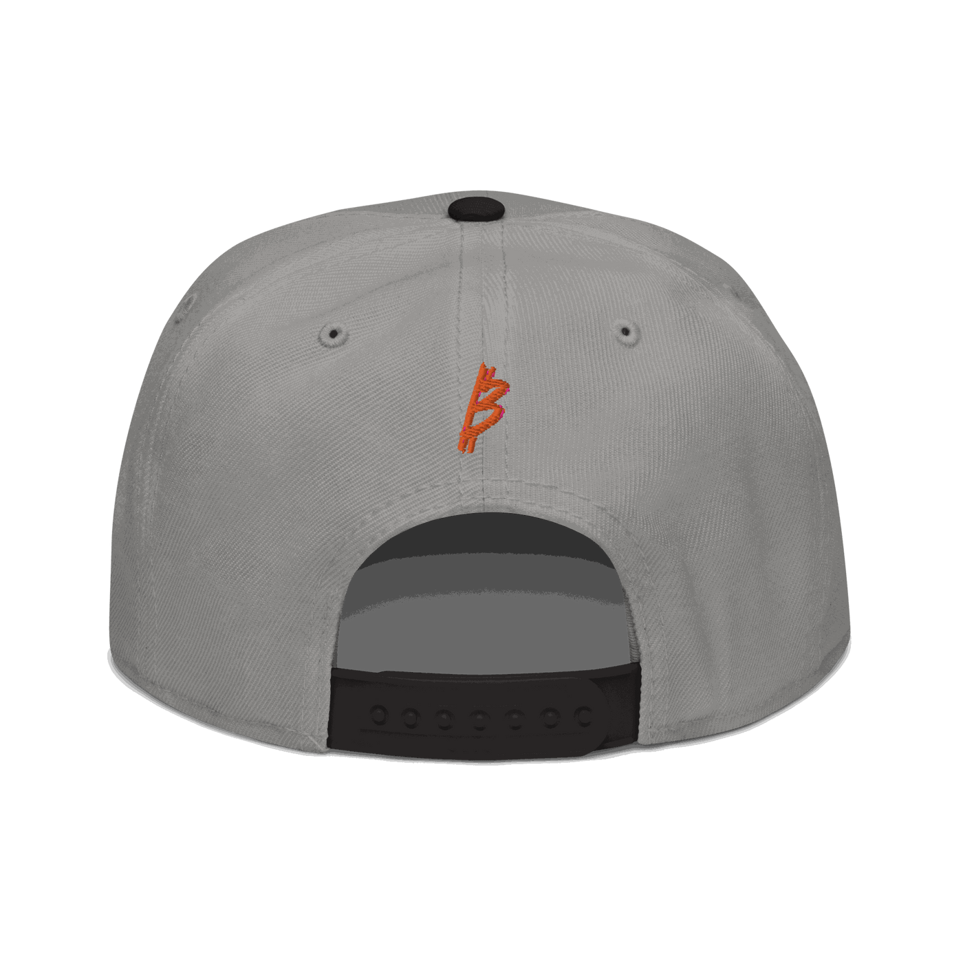 Black 21 Rebel Bitcoin snapback hat with flat visor and grey under visor, structured high-profile 6-panel design