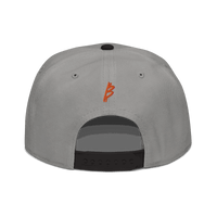 Black 21 Rebel Bitcoin snapback hat with flat visor and grey under visor, structured high-profile 6-panel design