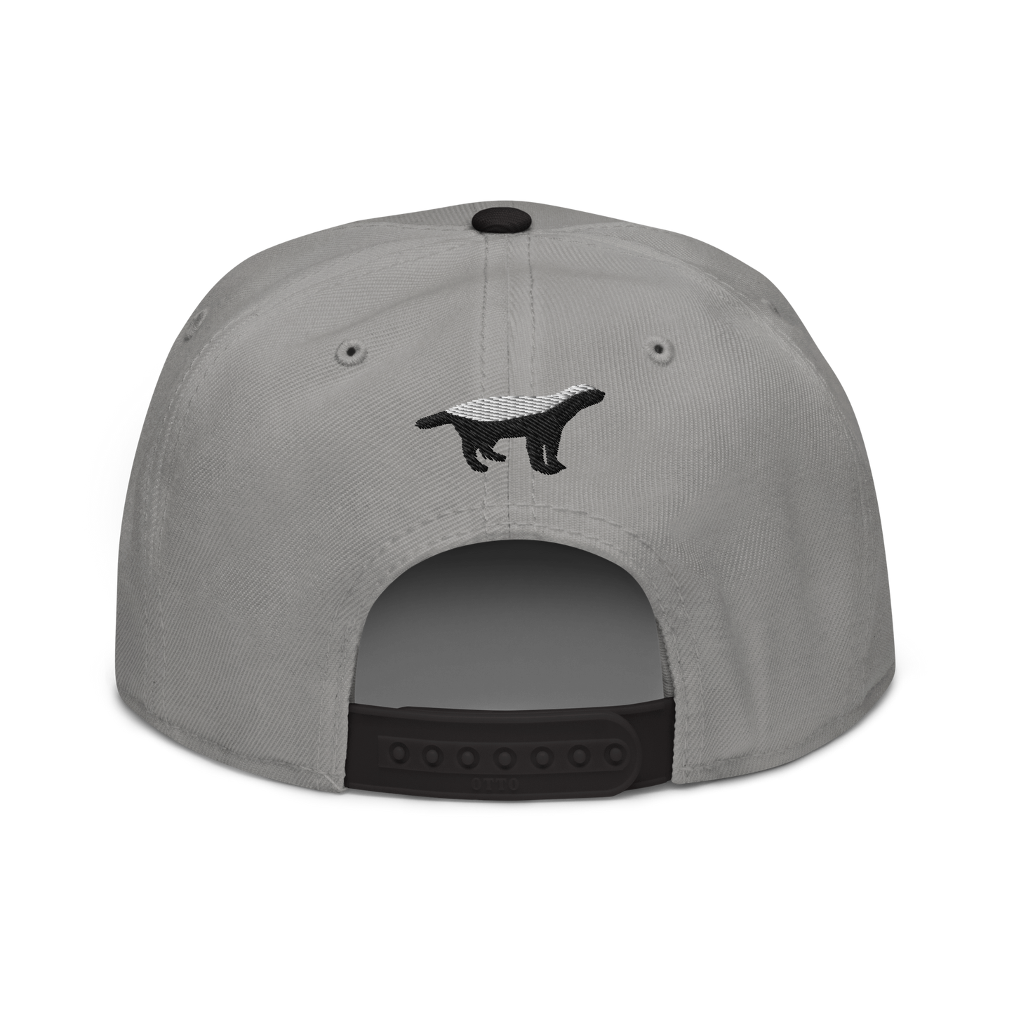 Back view of a grey and black bitcoin snapback hat.