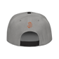 Back view of a grey and black bitcoin snapback hat.