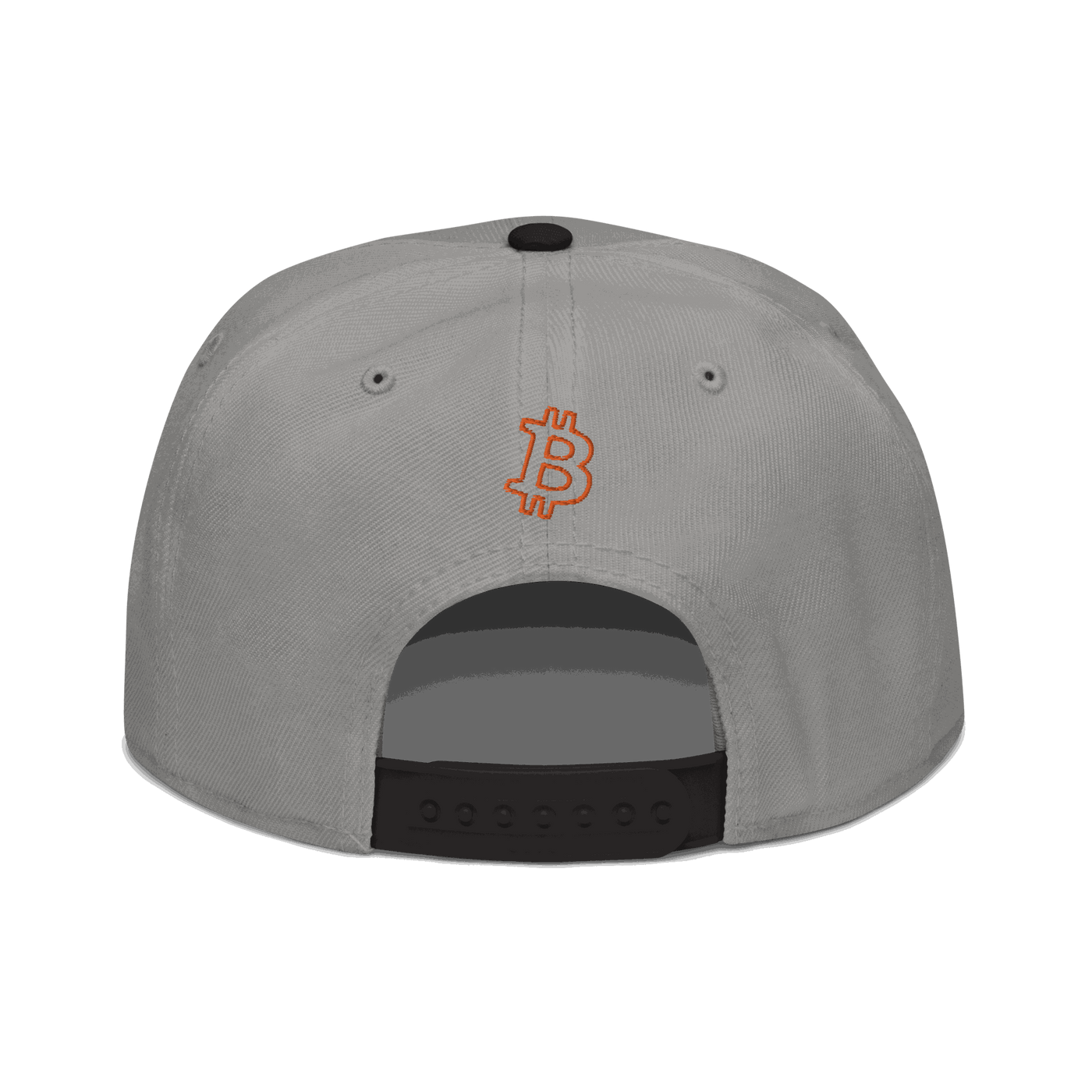 Back view of a grey and black bitcoin snapback hat.