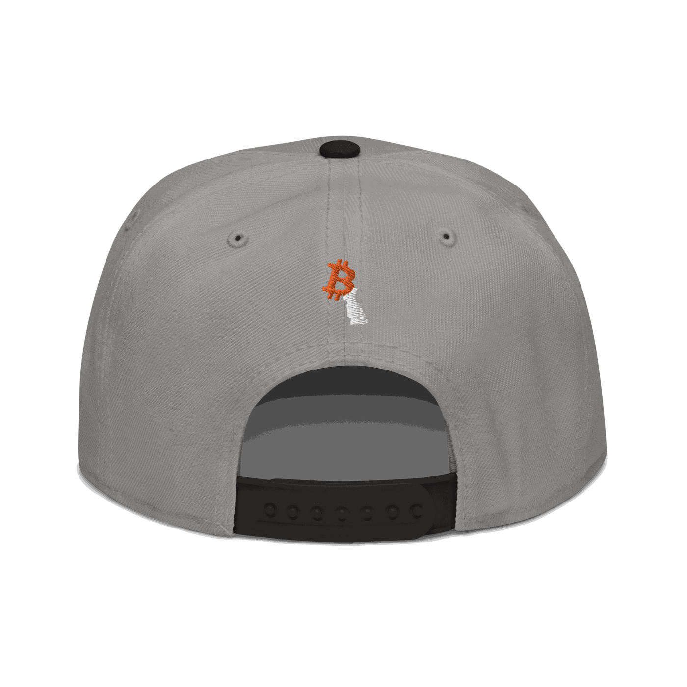 Back view of a grey and black bitcoin snapback hat.