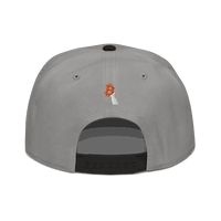 Back view of a grey and black bitcoin snapback hat.