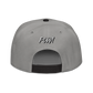 Back view of a grey and black bitcoin snapback hat.