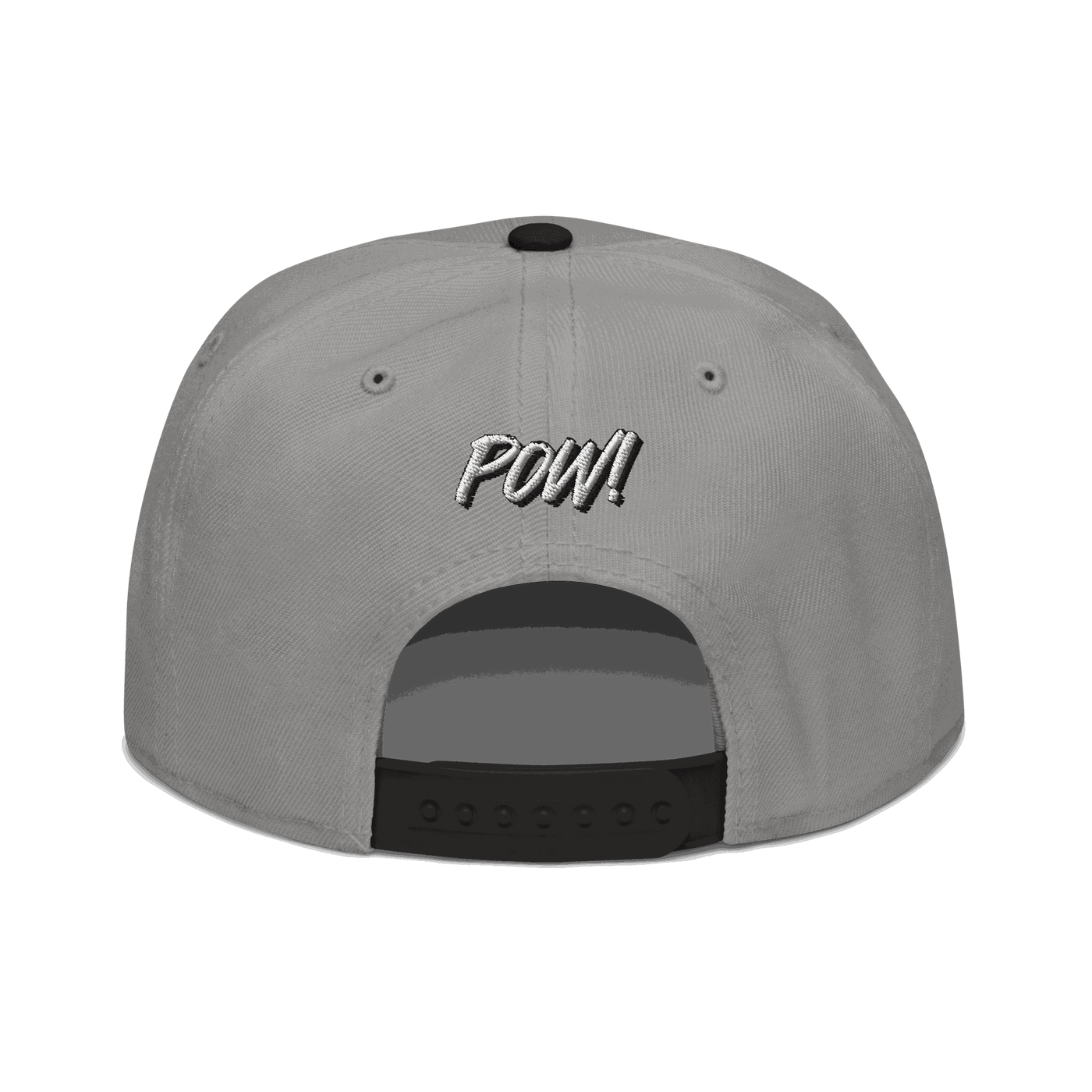Back view of a grey and black bitcoin snapback hat.