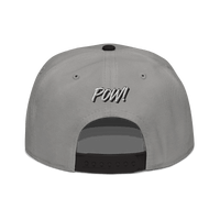 Back view of a grey and black bitcoin snapback hat.
