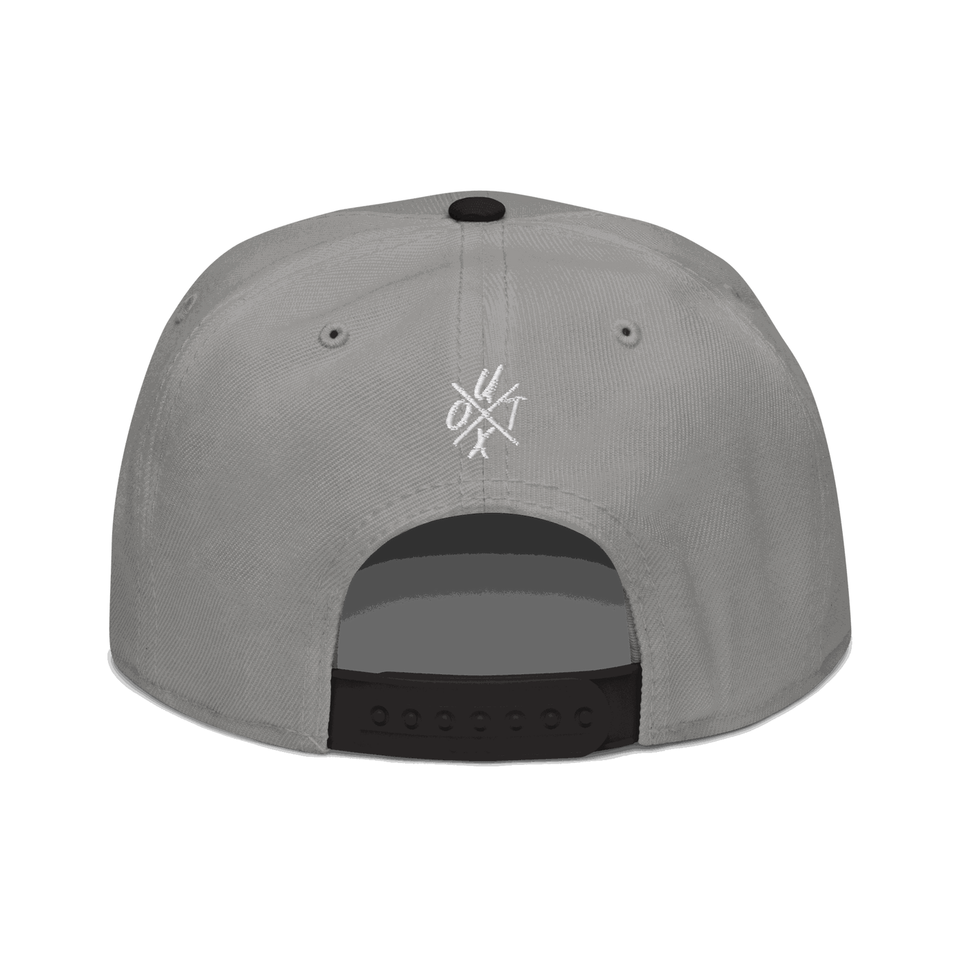 Back view of a grey and black bitcoin snapback hat.