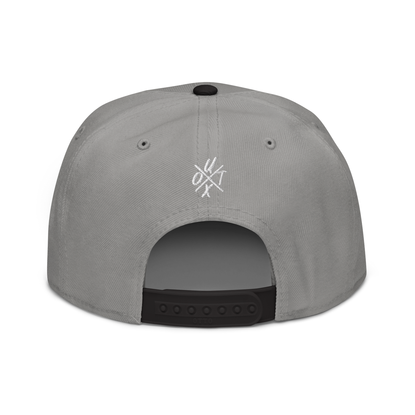 Back view of a grey and black bitcoin snapback hat.