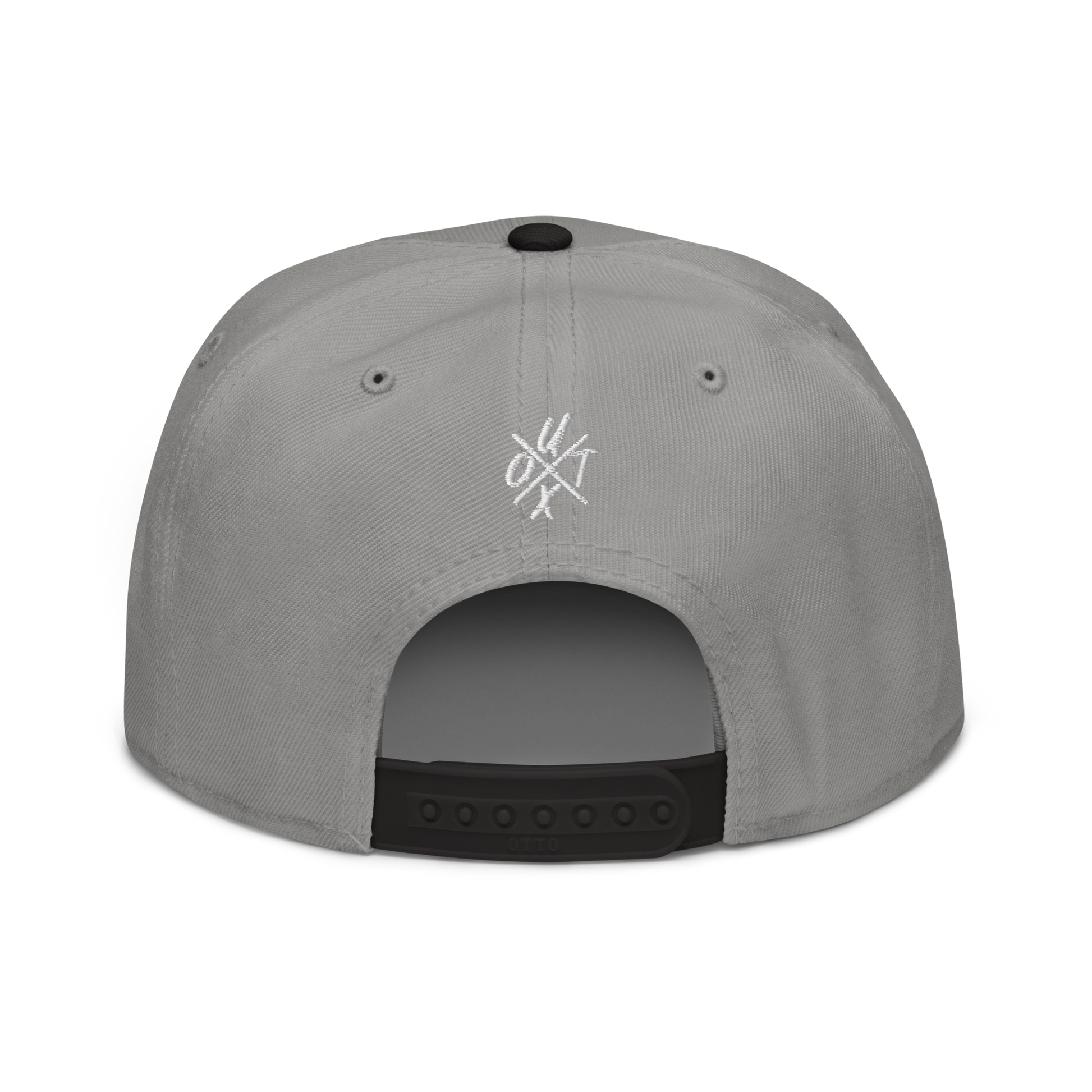 Back view of a grey and black bitcoin snapback hat.