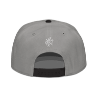 Back view of a grey and black bitcoin snapback hat.