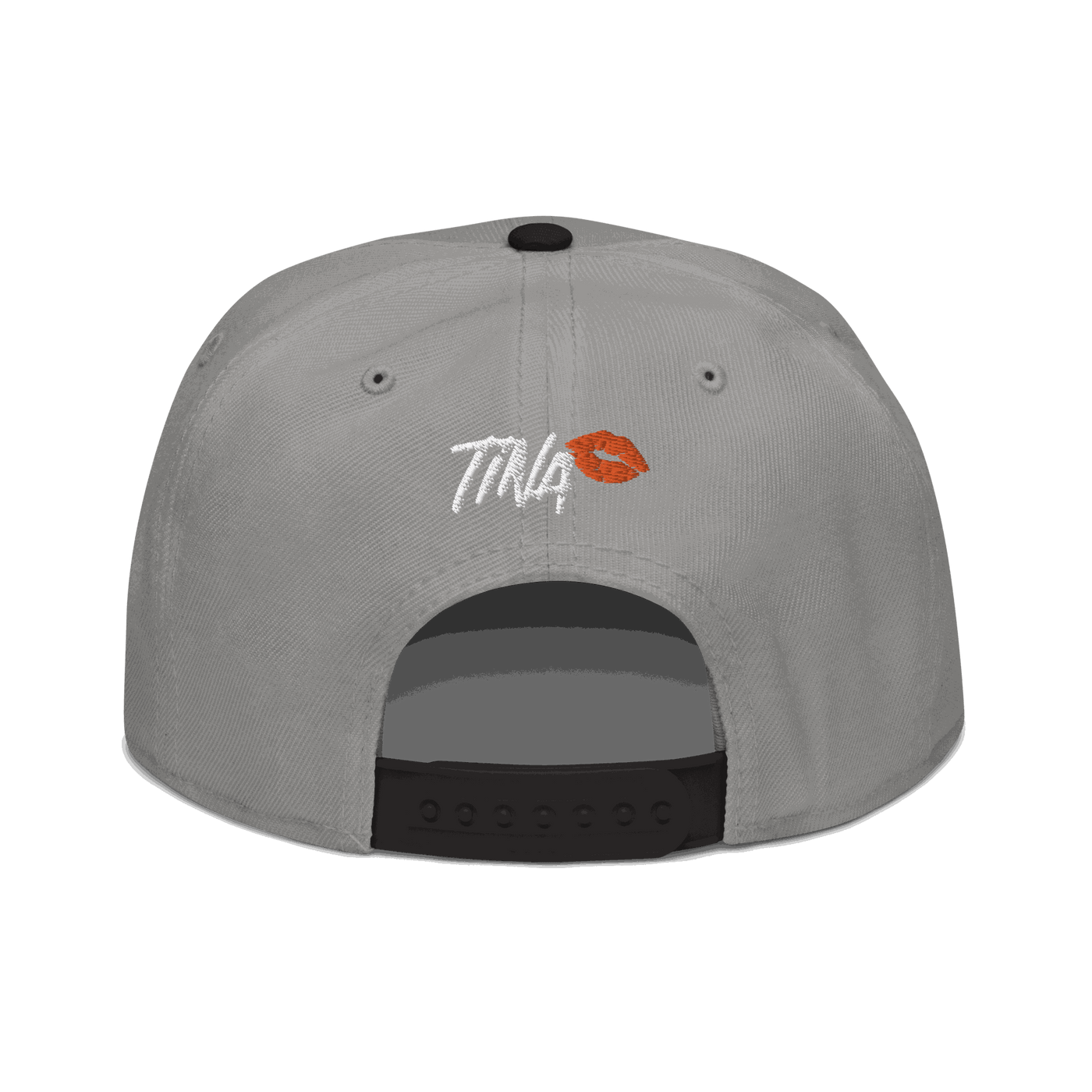 Back view of a grey and black bitcoin snapback hat.