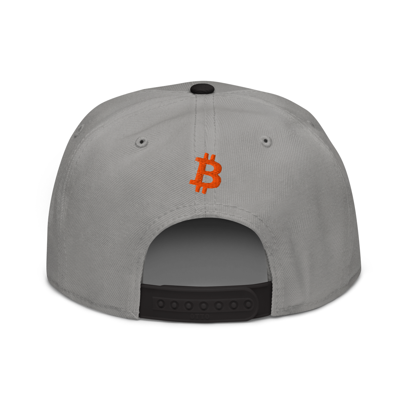 Emergency Exit bitcoin snapback hat in Black / Gray / Gray, back view.